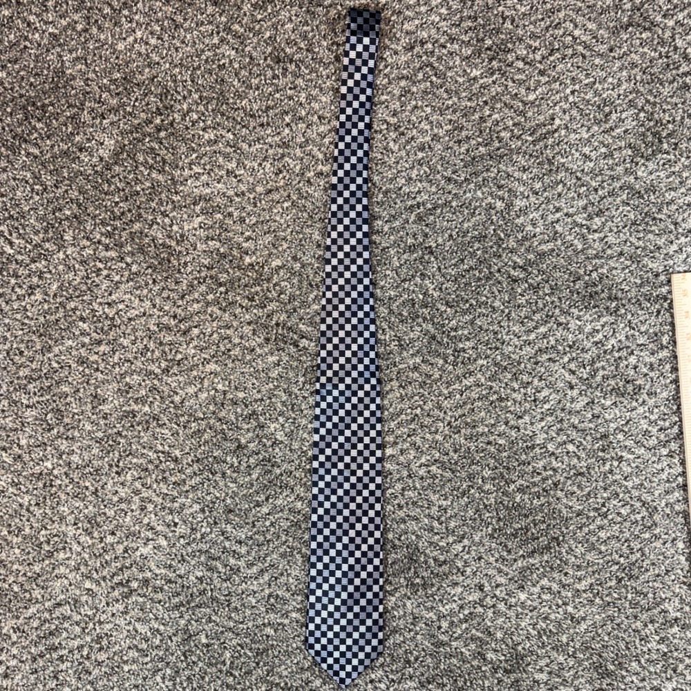 Paul Fredrick Mens Silk Tie Extra Long Blue Silver Checkered Geometric